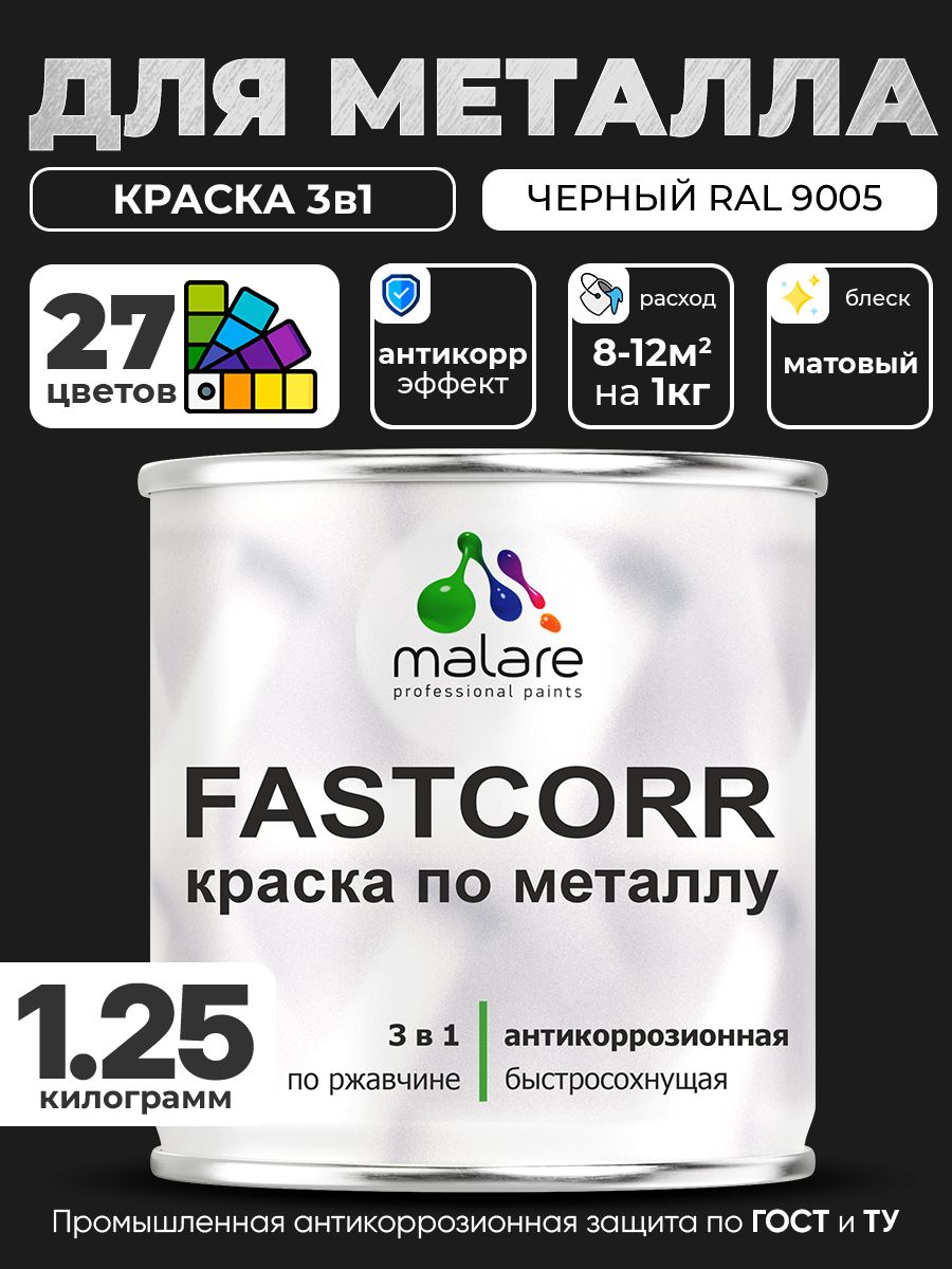 Краска для металла по ржавчине Malare FastCorr, для наружных работ износостойкая, быстросохнущая RAL 9005 черный, матовая, 1,25 кг