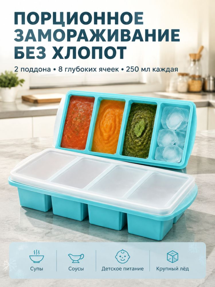 Силиконовые формы для заморозки еды с крышками набор 2 шт по 250 мл, порционные лотки для супа, бульона #1