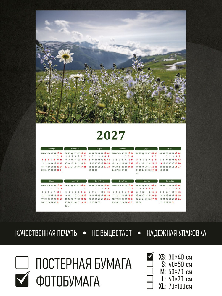 Календарь 2027 Цветы на поле на фоне гор, фотобумага 30х40 см ПолиЦентр #1