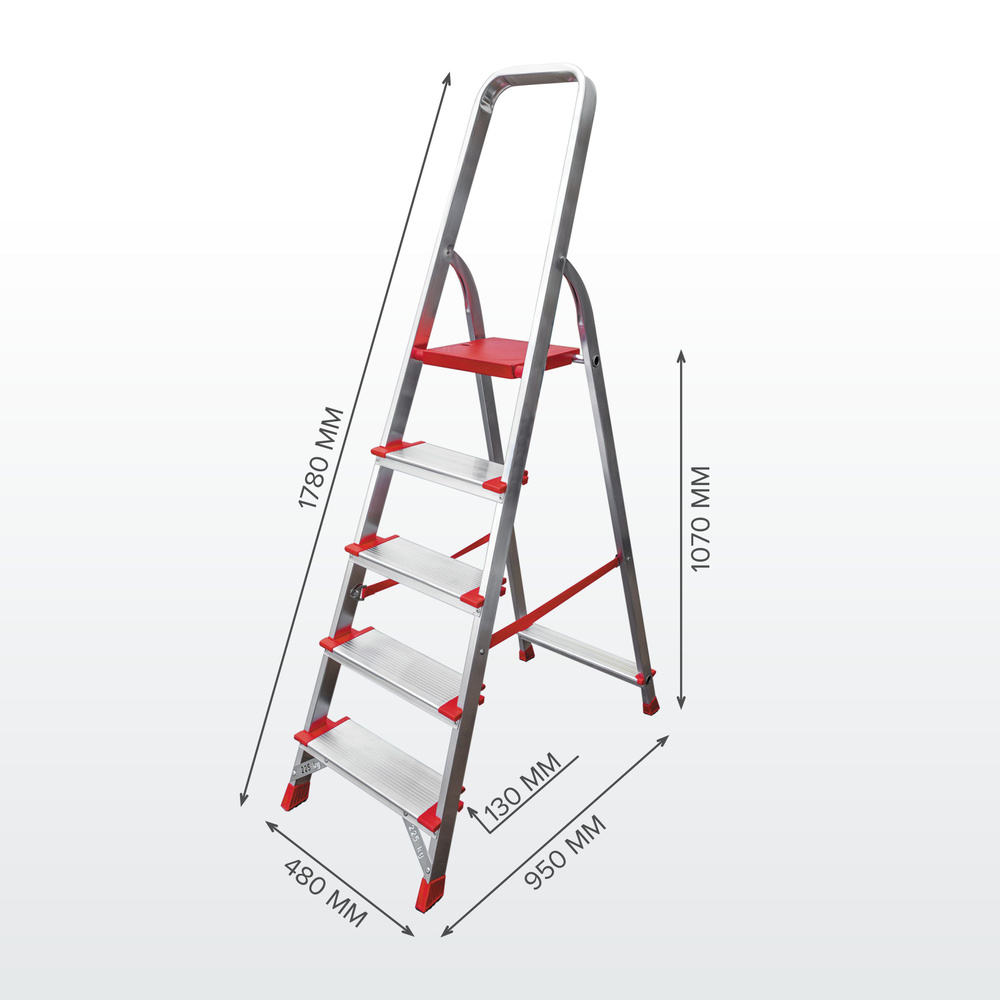 Стремянка 5 ступеней NV 3117 Новая Высота алюминиевая, широкая ступень 130  мм. Максимальная нагрузка 225 кг.