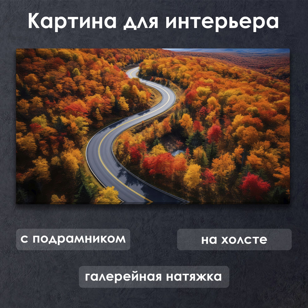 Картина для интерьера с подрамником на холсте на стену Дорога через осенний лес  #1