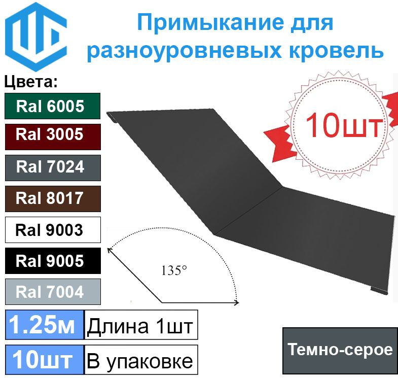 Планка примыкания Ендова для разноуровневых кровель 135* Темно-серая (10шт) терассы 1.25м  #1