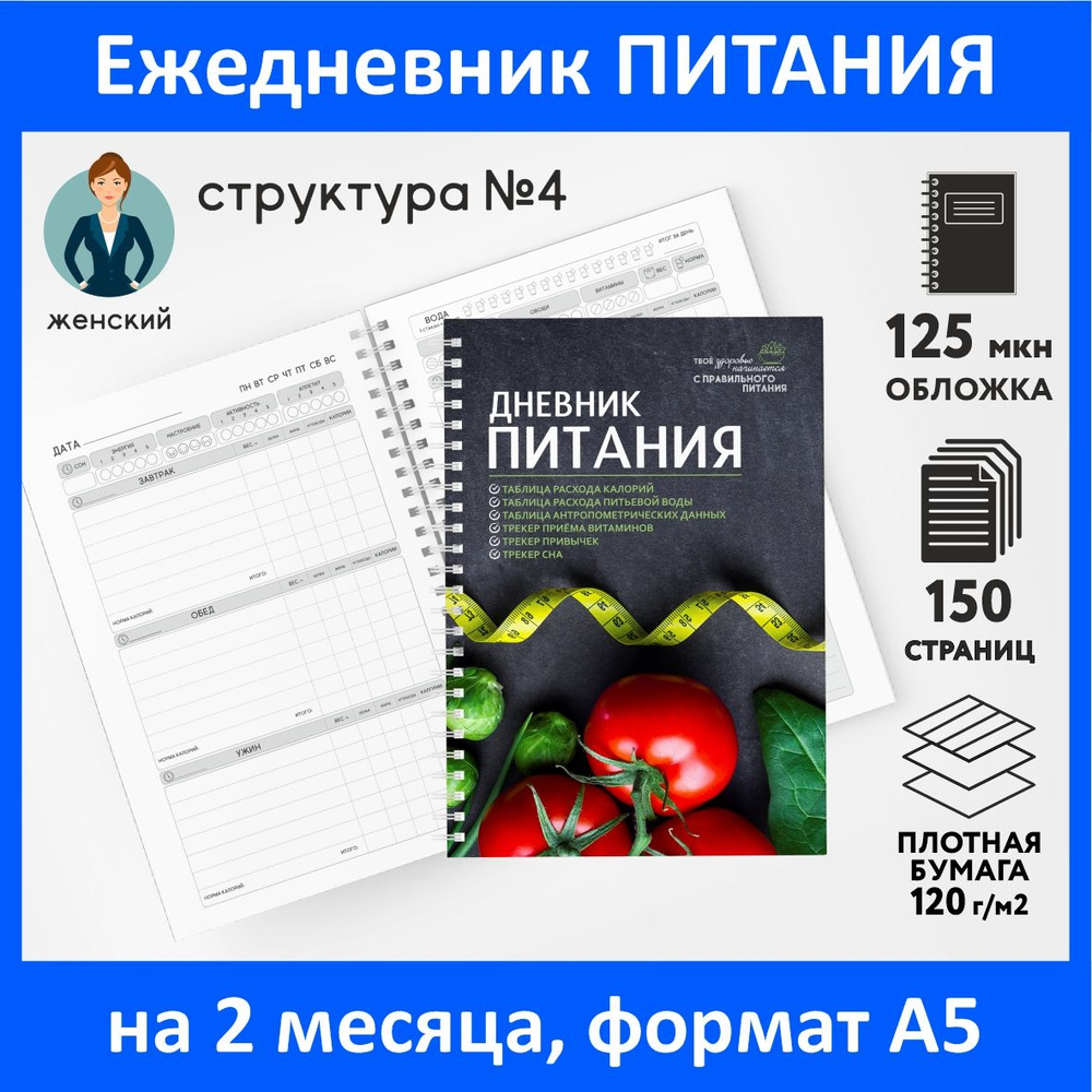 Дневник-планер (ежедневник) питания для похудения А5, на 2 месяца, 150 страниц, контроль-счётчик калорий, #1