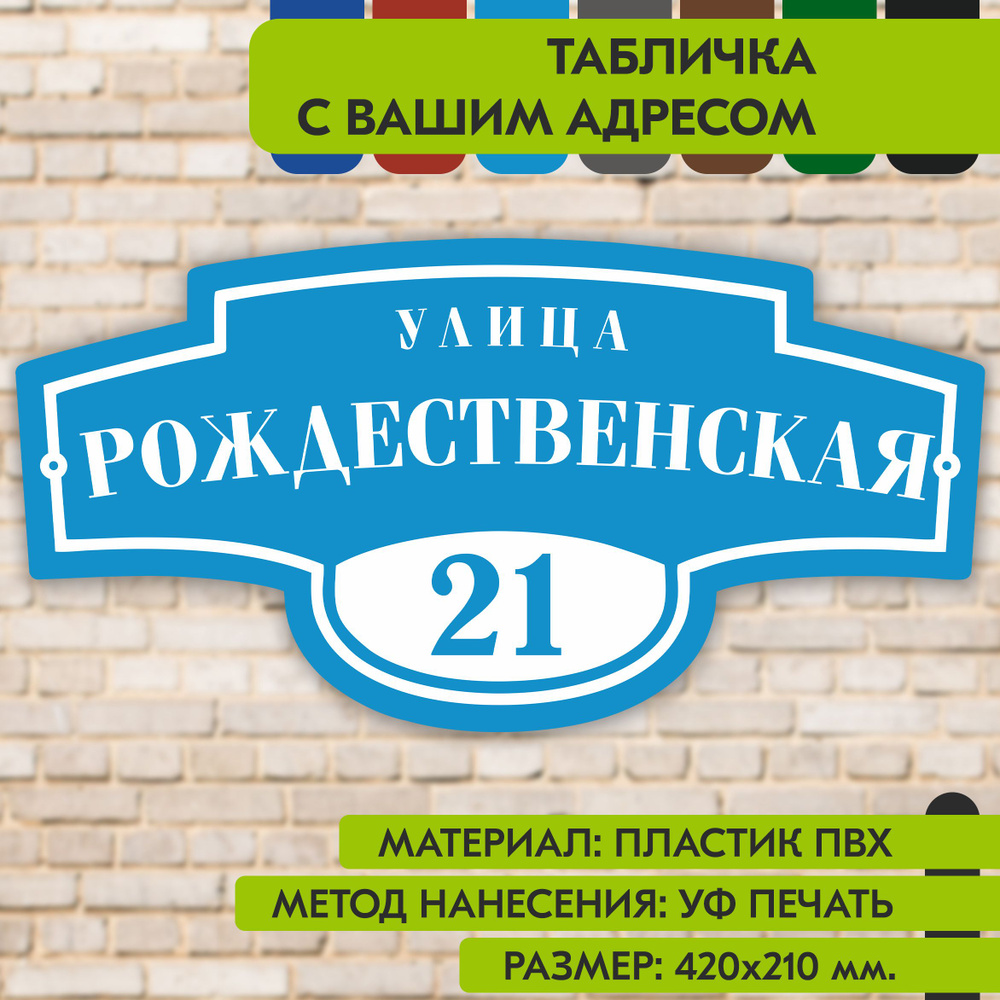 Адресная табличка на дом "Домовой знак" голубая, 420х210 мм., из пластика, УФ печать не выгорает  #1