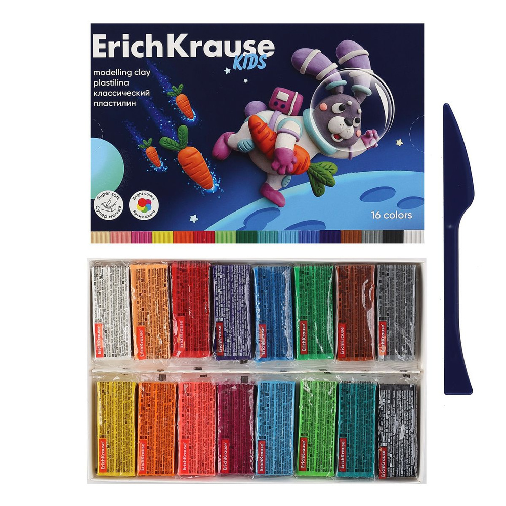 Пластилин 16 цветов, 288 гр, стек, картонная коробка Kids Space Animals Erich Krause 61333  #1