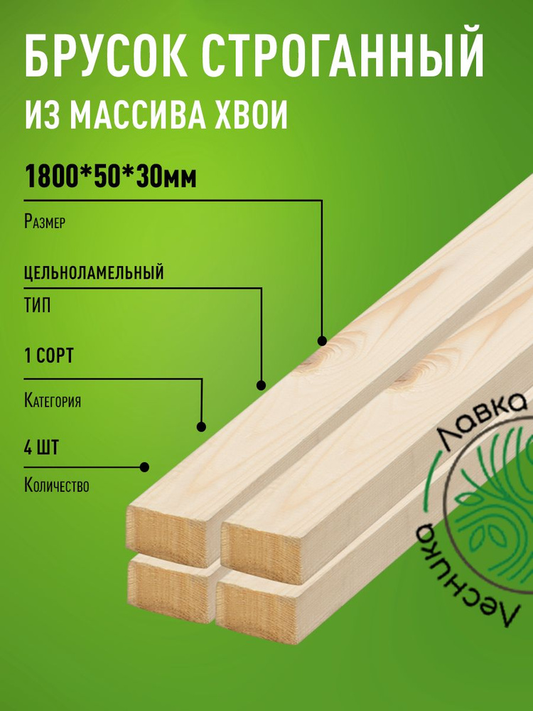 Брусок деревянный строганный 1800х50х30мм Хвоя 1 сорт 4 штуки  #1