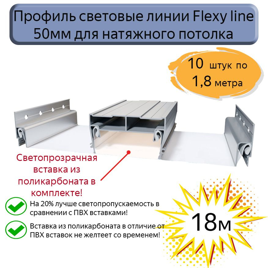 Профиль световые линии Flexy line 50мм для натяжного потолка,вставка ПК в комплекте, 18м  #1