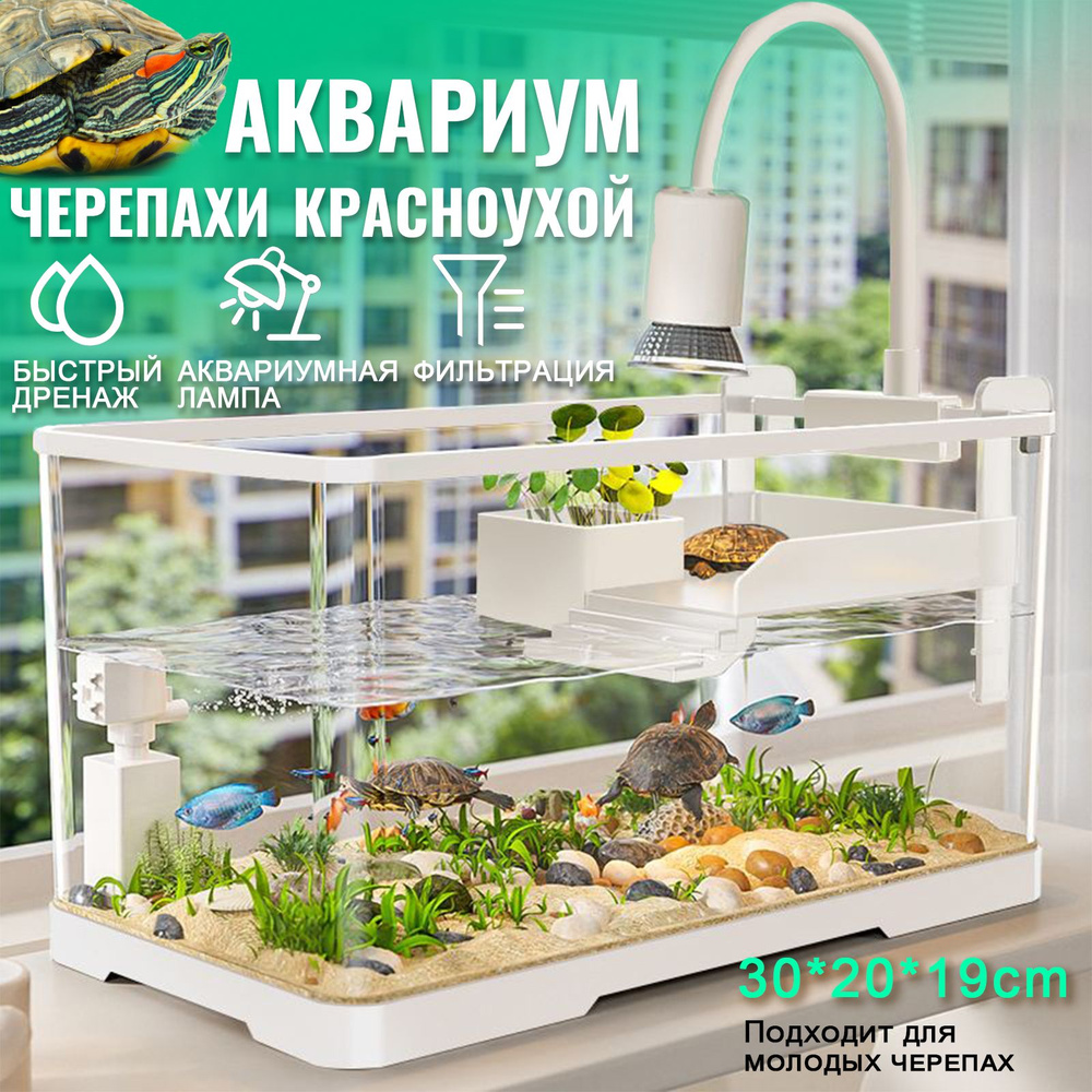 аквариум для черепахи красноухой,30*20*19cm, С аквариумным светильником и фильтром  #1