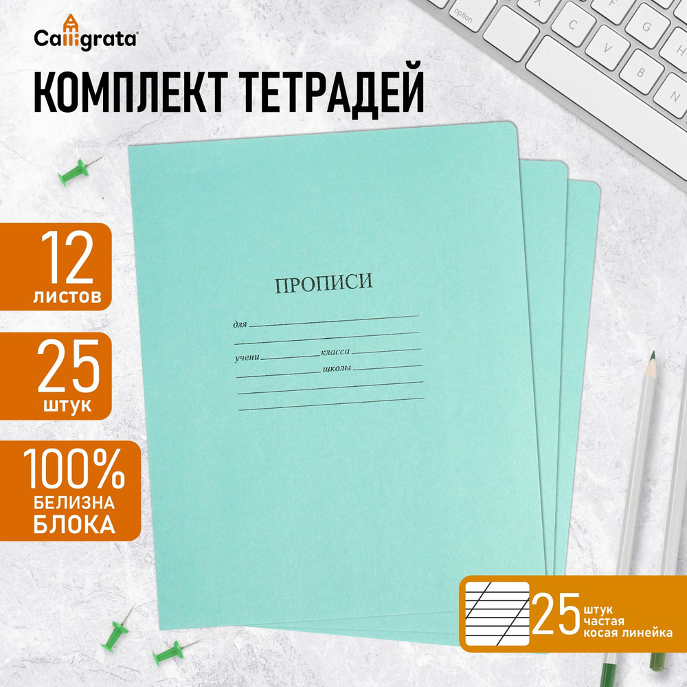 Комплект тетрадей (прописи) из 25 штук, 12 листов в частую косую линию КФОБ "Зелёная обложка", 60 г/м2, #1