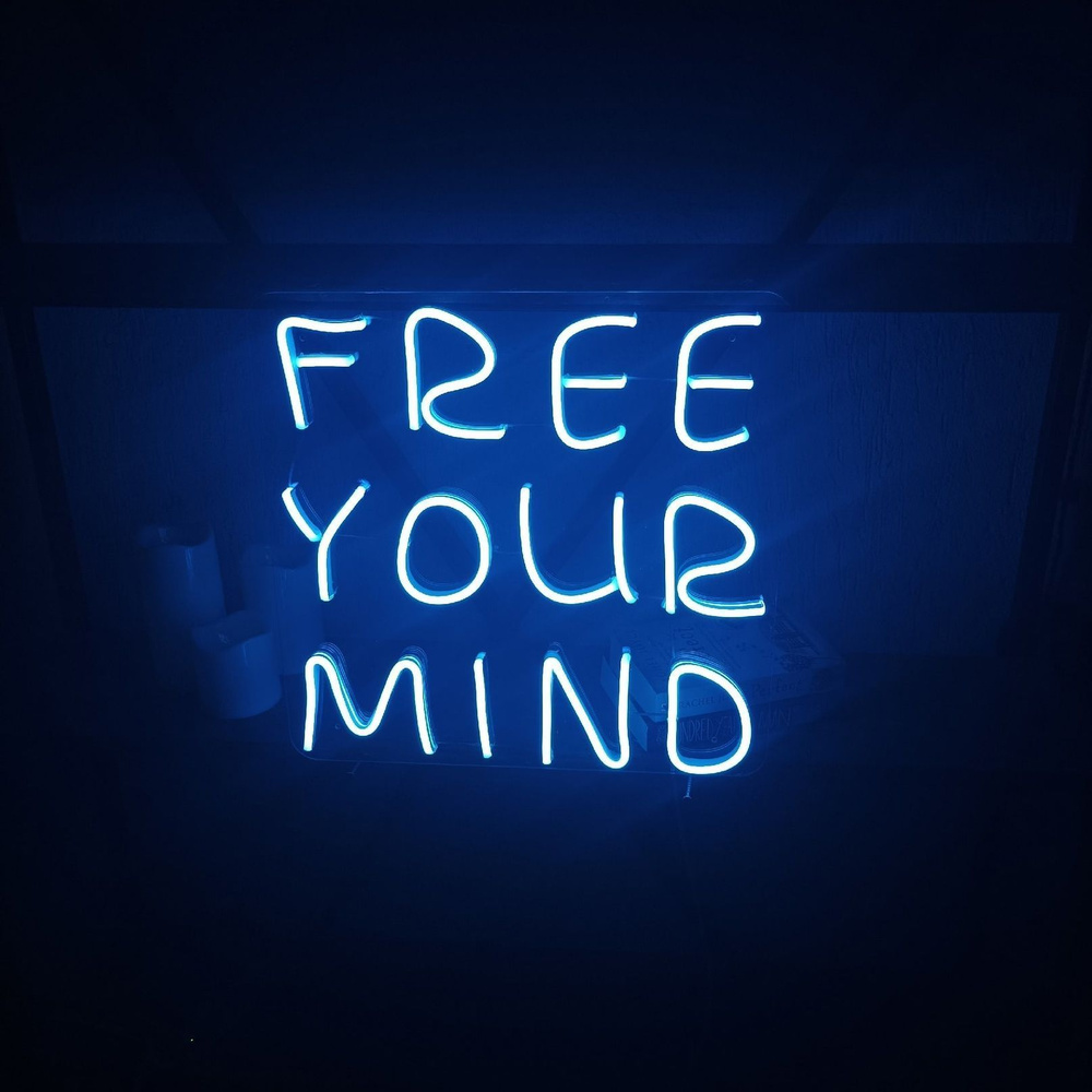 Табличка неоновая Free your mind Освободи свое сознание, 40х39 см, синяя  #1