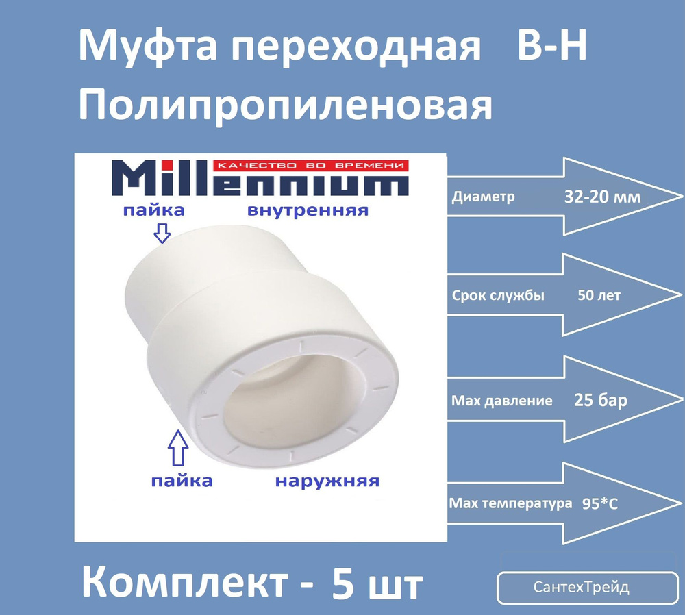 Муфта полипропиленовая переходная 32-20 5шт #1