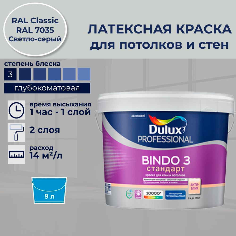 DULUX Краска Быстросохнущая, Моющаяся, Сополимерная дисперсия, Матовое покрытие, 9 л, светло-серый  #1