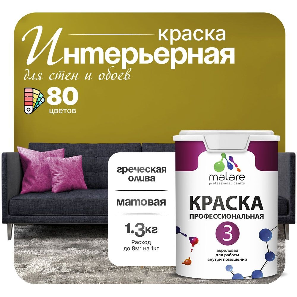 Краска Malare Professional Euro №3 интерьерная для стен и обоев, для потолка, акриловая, быстросохнущая, #1