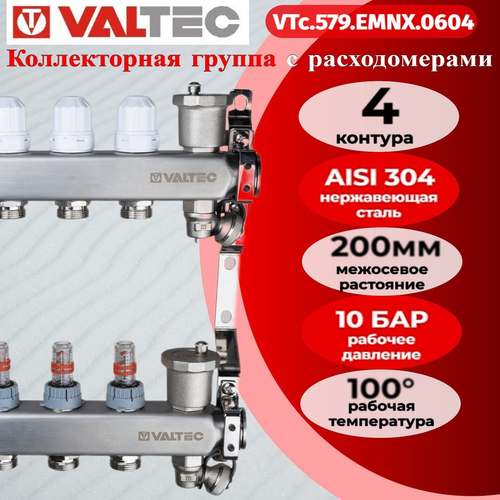 Коллекторный блок из НЕРЖ. стали с расходомерами 1"х4 вых. Евроконус 3/4 VTc.579.EMNX.0604  #1