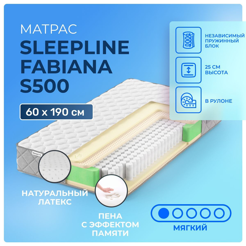 Матрас 60х190 Sleepline Fabiana S500, независимые пружины, двусторонний с разной жесткостью, мягкий, #1