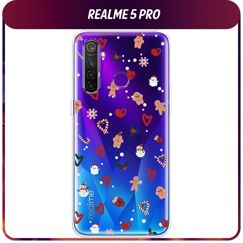 Силиконовый чехол на Realme 5 Pro / Реалми 5 Про - "Новогодний - Атрибуты праздника паттерн", прозрачный #1