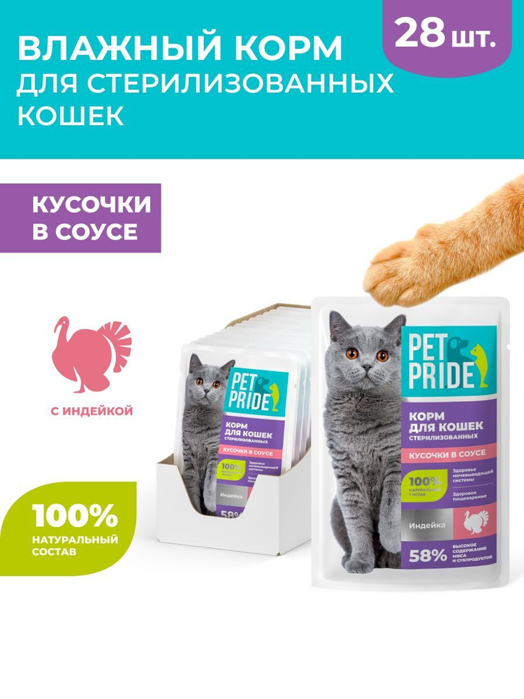 Влажный корм PET PRIDE для взрослых стерилизованных кошек, с индейкой ...
