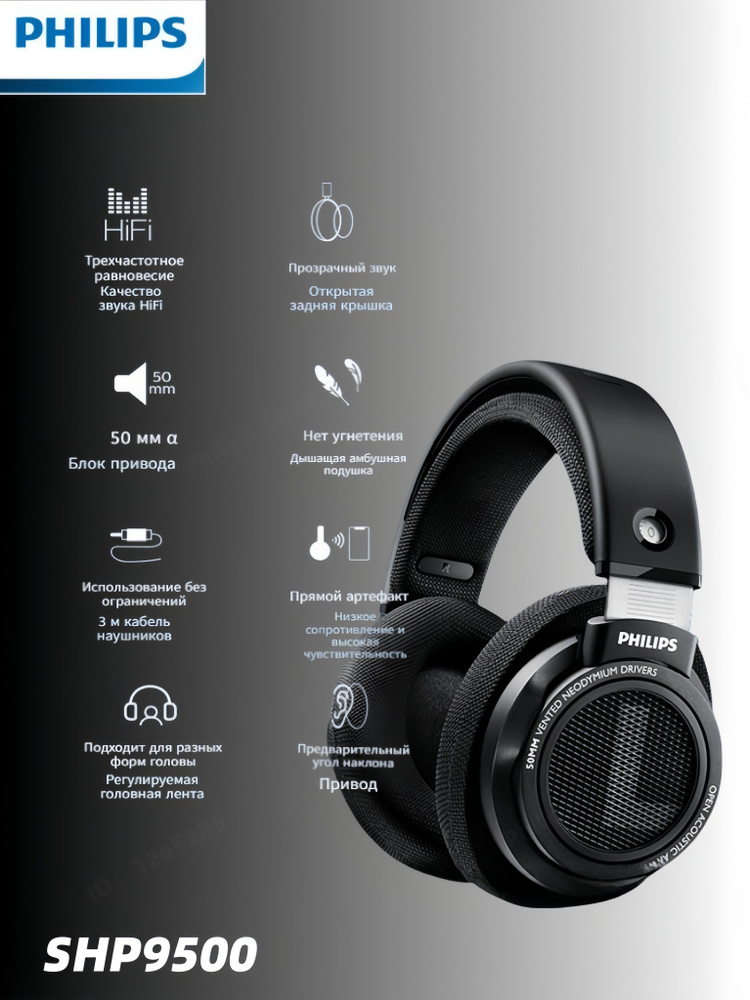 Philips Наушники проводные SHP9500, 3.5 мм, 6.3 мм, черный, серый #1