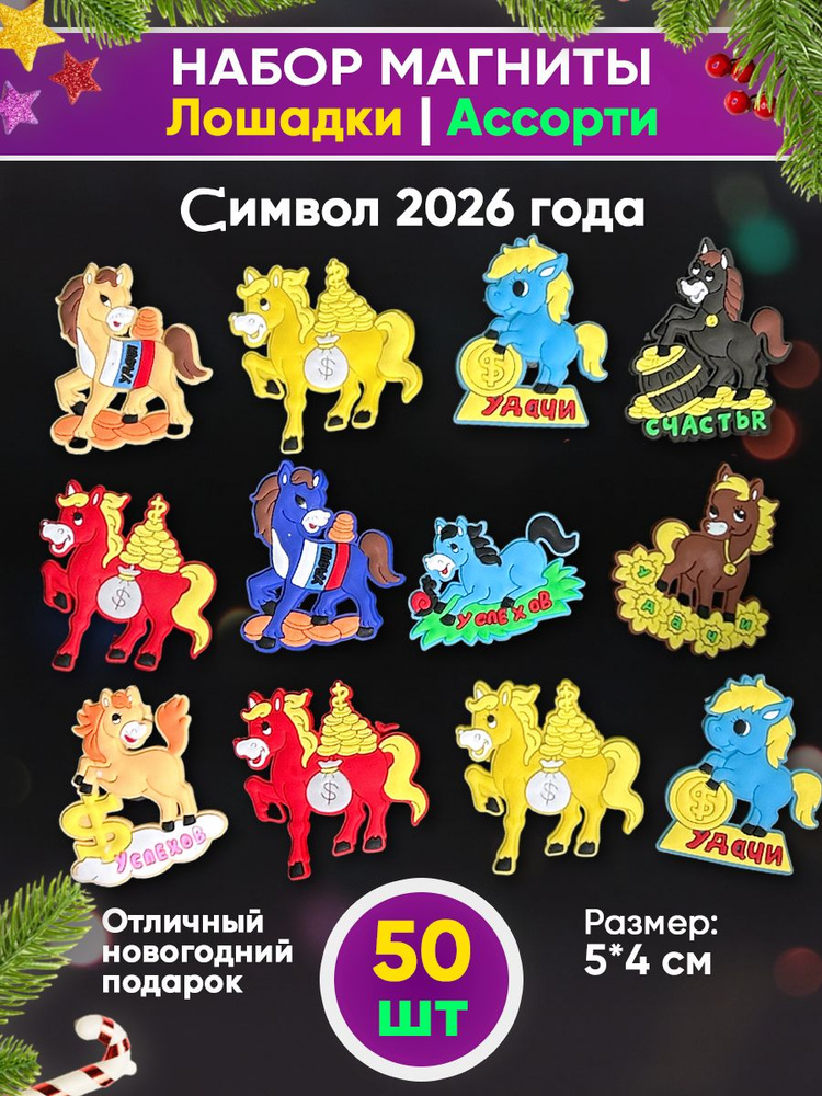 Набор магнитов для доски на холодильник 50 шт, милые Лошадки, на подарки #1