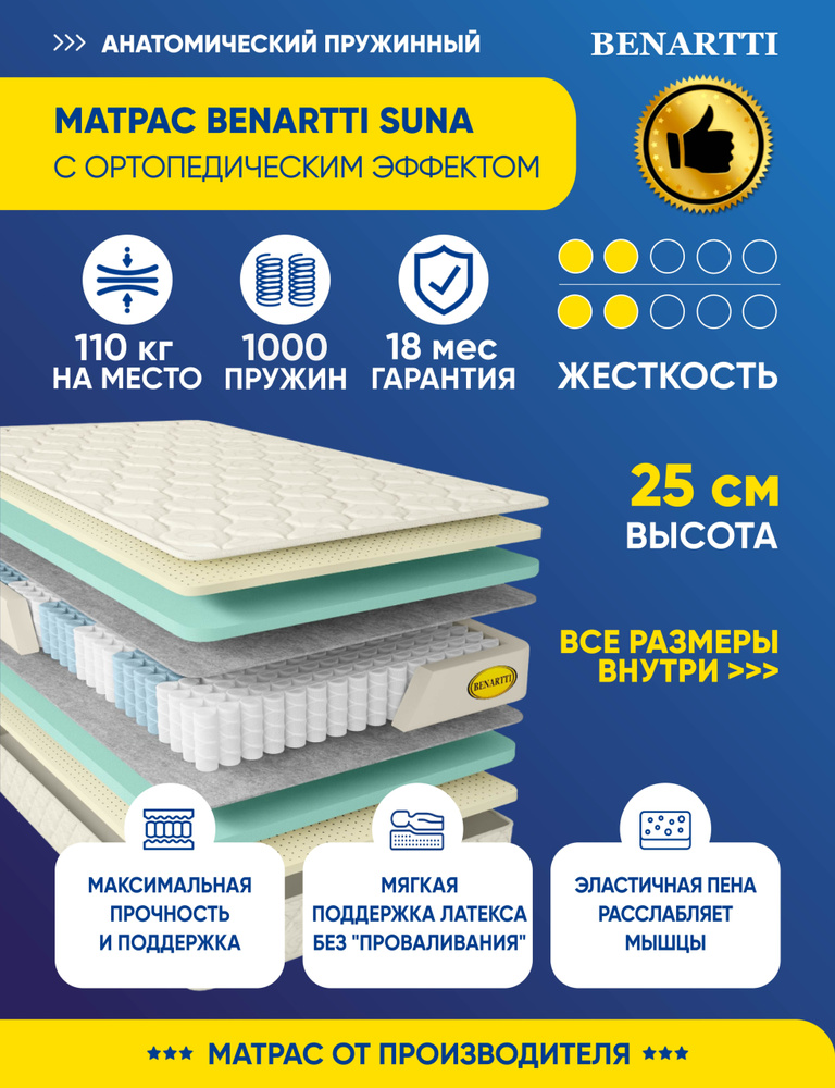 Матрас Benartti Suna 80х190 серии Lux высота 25.1 см нагрузка 100.08 кг на кровать, анатомический, средней #1