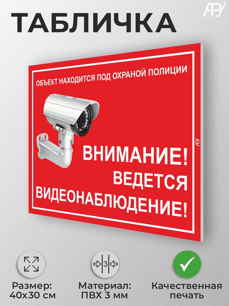 Табличка "Объект находится под охраной полиции Внимание ведется видеонаблюдение" А3 (40х30см) #1