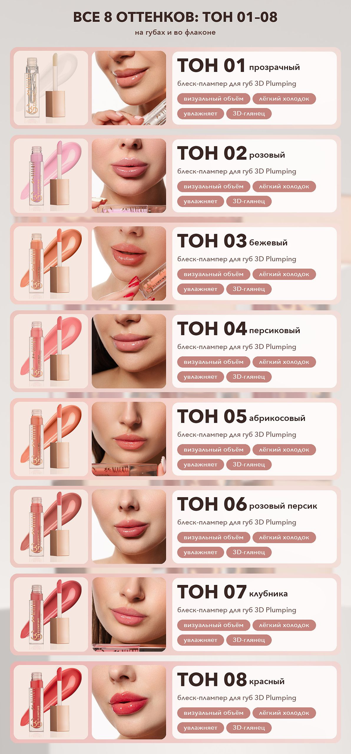 Блеск-плампер NEVERTI 3D Plumping: все 8 оттенков на губах