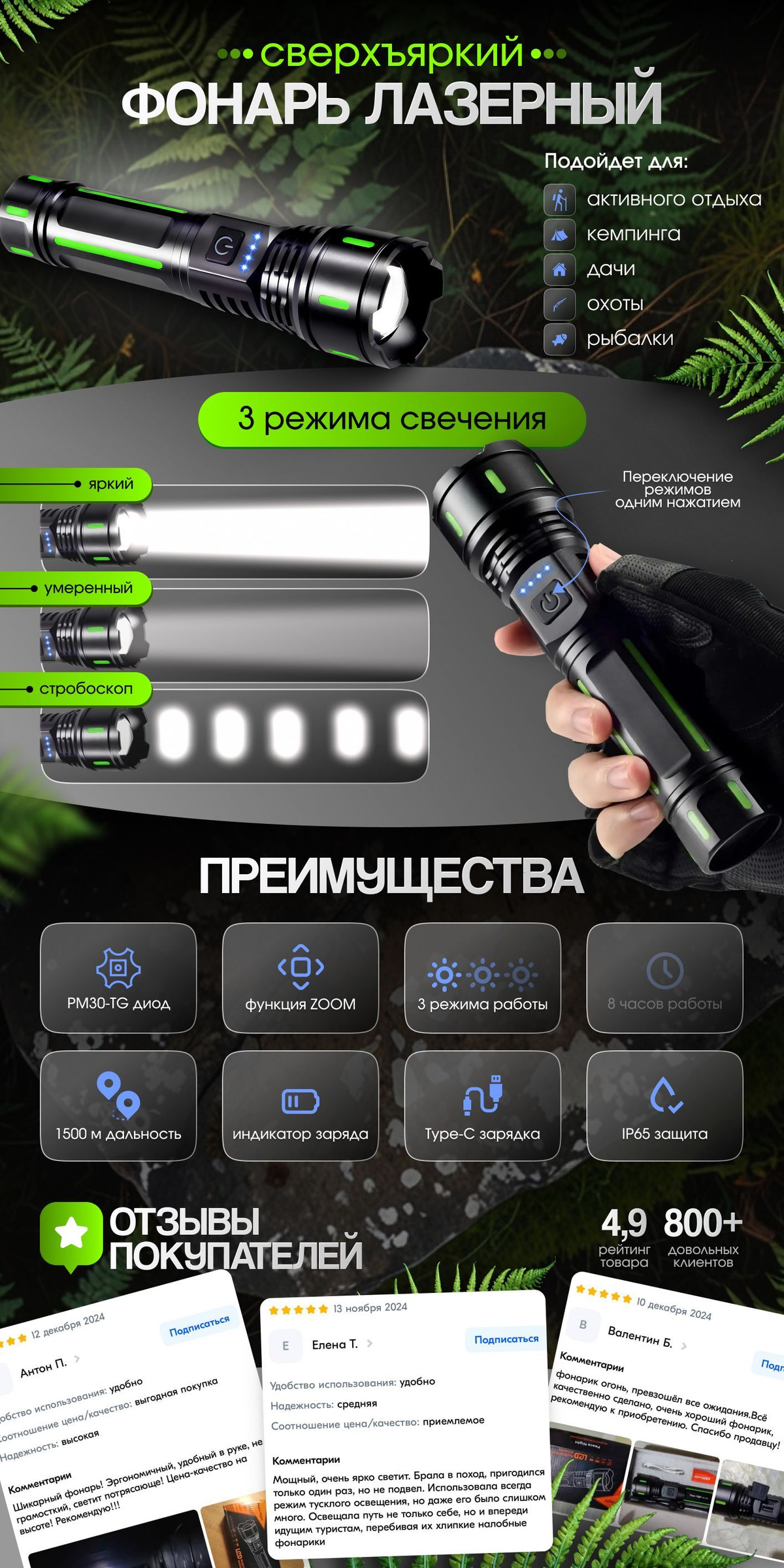 Фонарь аккумуляторный ручной PN-225 мощный, фонарик тактический ...