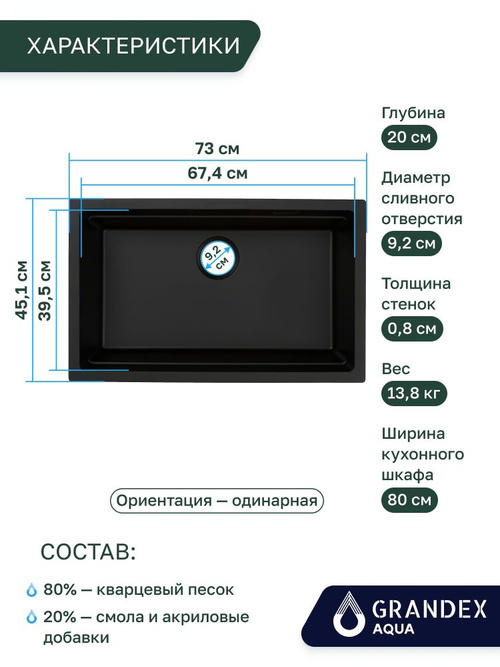 Мойка для кухни черная врезная под столешницу каменная 730х451х200