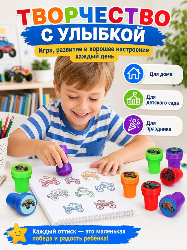 Набор печатей для детей 12 штук,печати детские и штампы "внедорожник",для творчества и рисования, цветные штампики для детей, вариант, фото 3