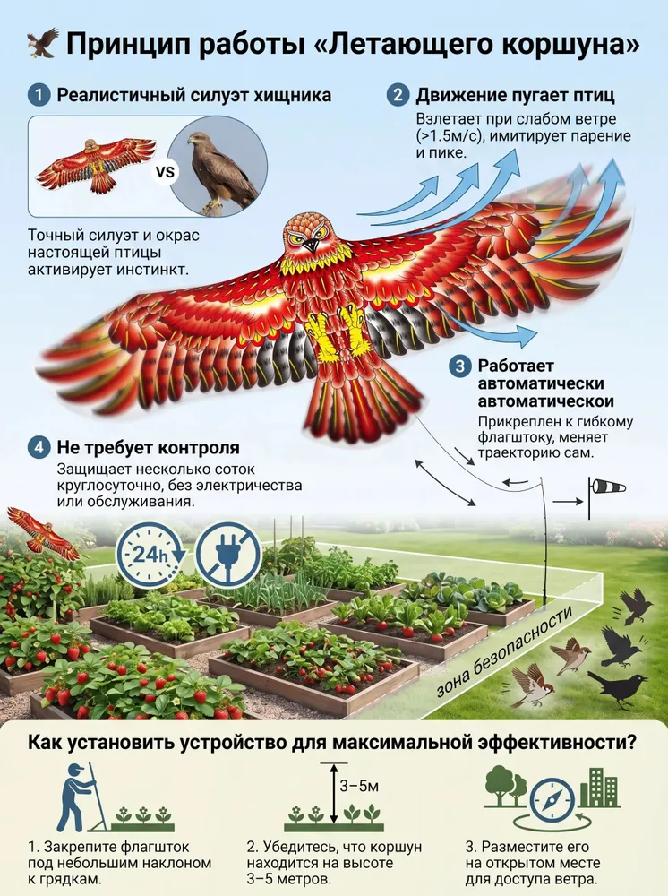 Визуальный, динамический отпугиватель птиц Ястреб мини (черно-красный), пугало, воздушный змей, 1200х560х30м, 1200x560x30 м, фото 2