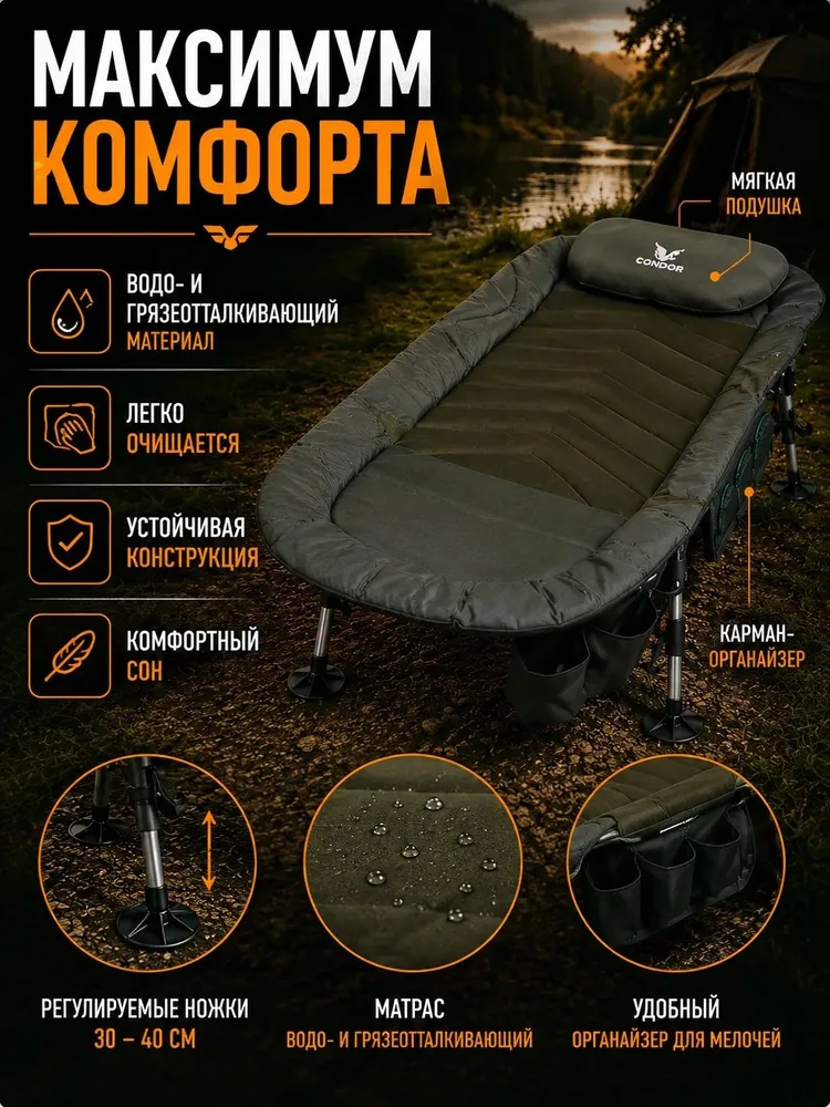 Кровать раскладушка туристическая карповая Condor RelaxMat 1102, 205х85х30/40, до 150 кг, складная для рыбалки и кемпинга, 205x85x30, 150 кг, фото 2