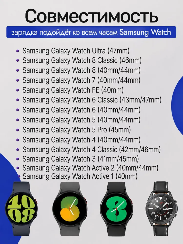 Зарядка для смарт часов Samsung Galaxy Watch 1- 8, Ultra 1 и FE / беспроводная магнитная зарядка смарт часов, вариант, фото 2