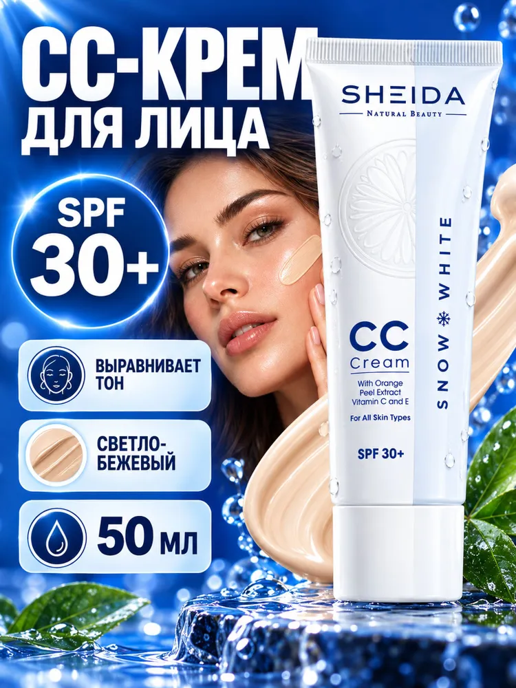 CC-крем для лица SHEIDA Snow White SPF 30+, тональный, выравнивающий тон, светло-бежевый, 50 мл, 50 мл