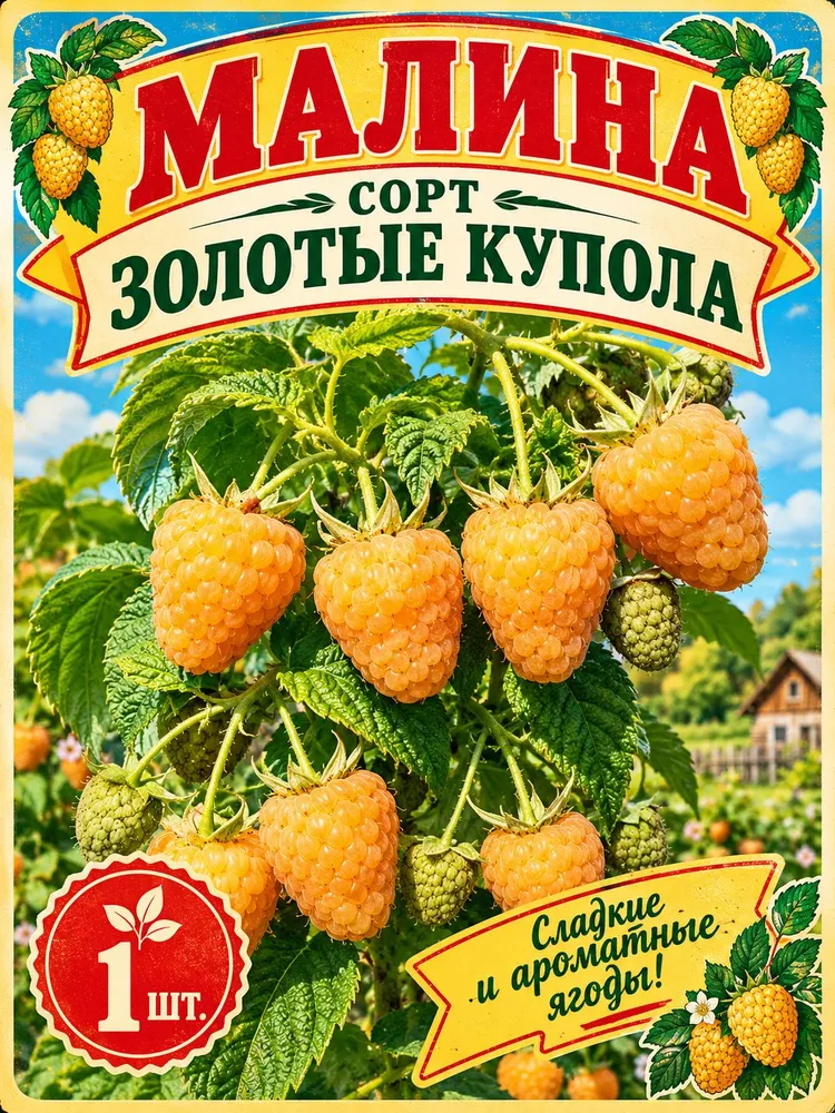 Малина саженец Золотые купола, ремонтантная, жёлтая, устойчива к болезням, самоплодная, плодоносит до осени, ОКС, 1 год, золотой