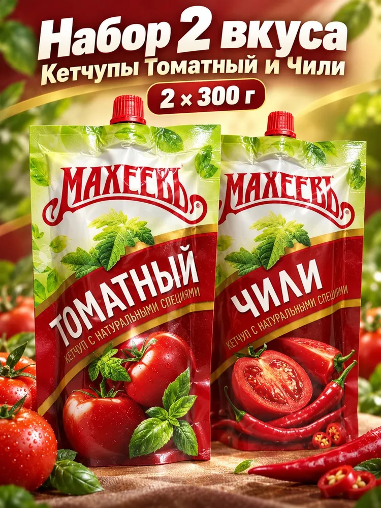 Набор соусов Махеевъ Кетчупы Томатный и Чили , 2 вида по 300 г, соусы к мясу, картофелю и курице в одном заказе, 300 г