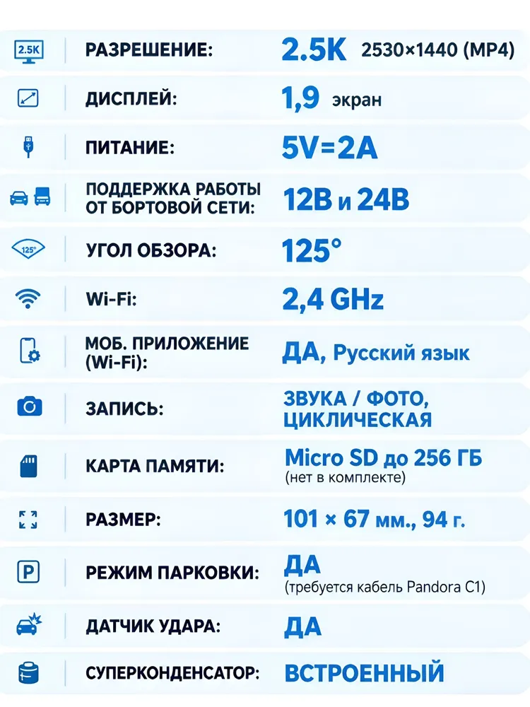 Видеорегистратор Pandora N2 , 2.5К , 1 камера , Wi-Fi приложение , 12B/ 24B автомобильный, вариант, фото 2