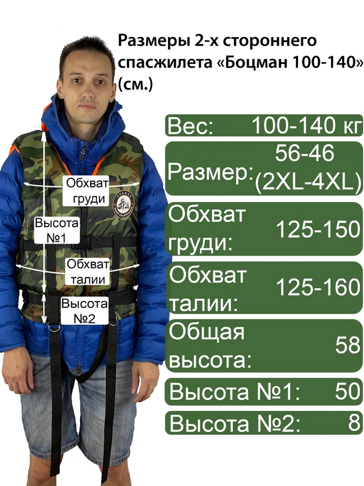 Спасательный жилет Боцман 100-140 кг (размер 56-64/2XL-4XL, камуфляж, 2-х сторонний, универсальный), 56-64, 140 кг, фото 3