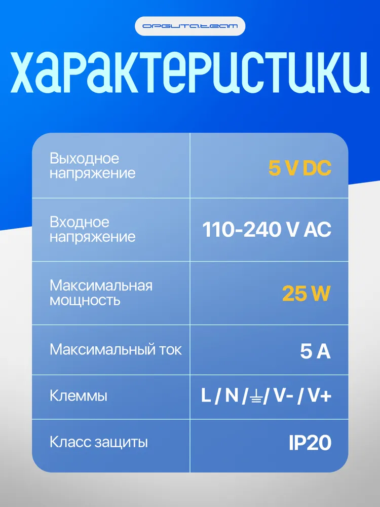 Блок питания для светодиодной ленты импульсный 5В, 25Вт, IP20 Орбита OT-APB91, 25 Вт, фото 2