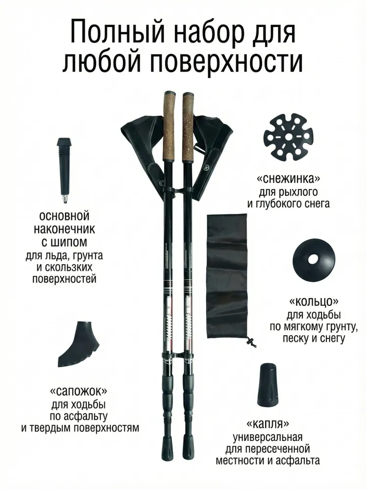 Палки для скандинавской ходьбы легкие Ergoforce, регулируемая длина, антишок, 5 наконечников, съемный темляк, Ergoforce E-0691, черные, черный, фото 2