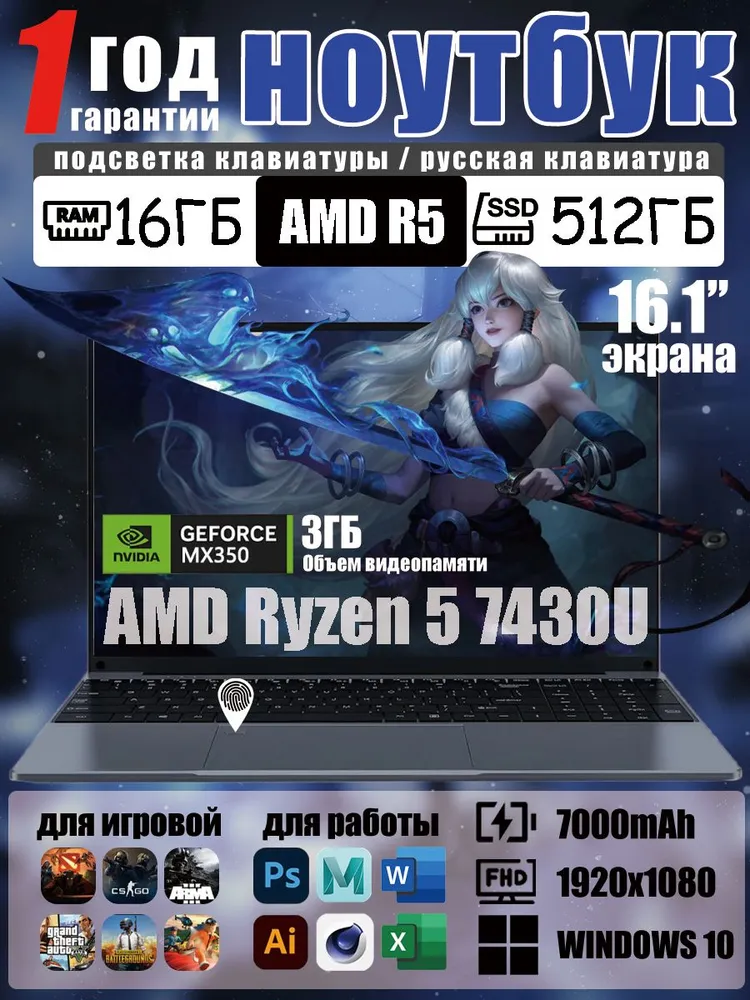 RQTS AMD Игровой ноутбук 16.1", AMD Ryzen 5 7430U, RAM 16 ГБ, SSD 512 ГБ, NVIDIA GeForce MX350 (2 ГБ), Windows Home, темно-синий, Русская раскладка