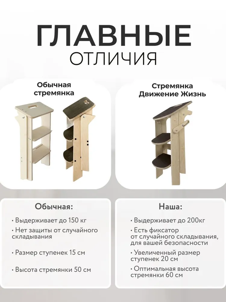Табурет стремянка складной, 3 ступени, деревянная, ДВИЖЕНИЕ - ЖИЗНЬ, вариант, фото 2