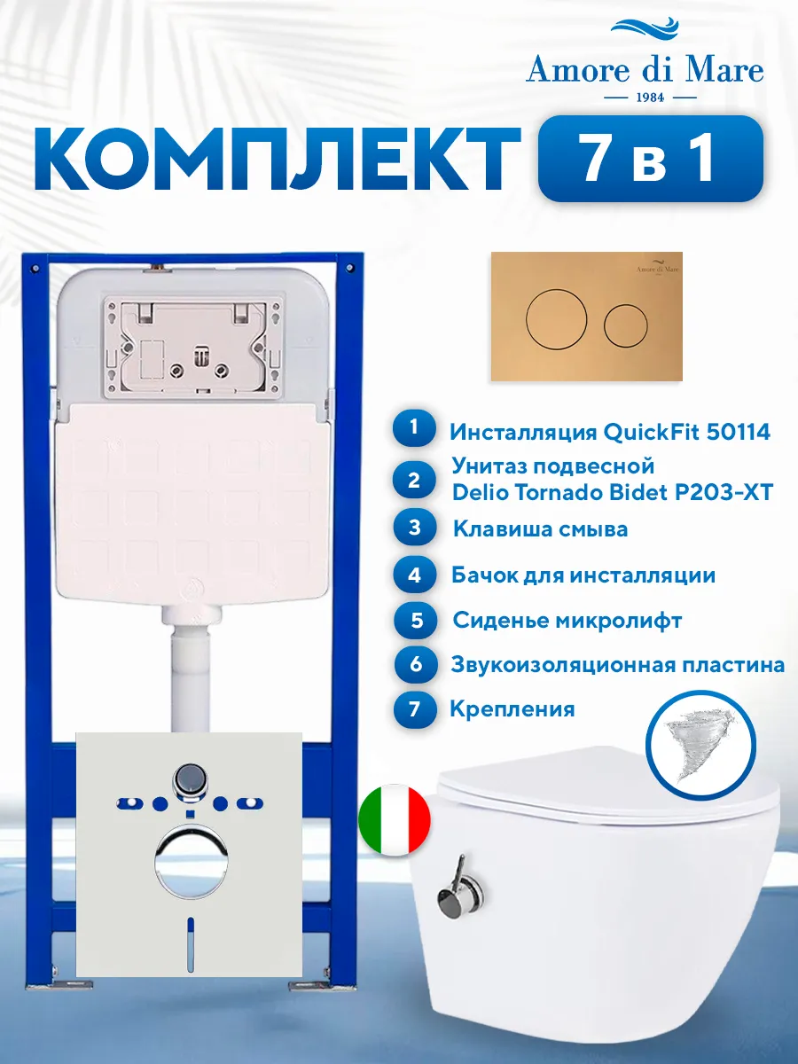 Комплект инсталляции Amore di Mare QuickFit 50114 с унитазом Delio Tornado Bidet P203-XT с кнопкой 303G 7 в 1, Италия
