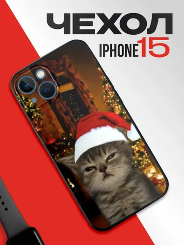 Новогодний чехол на iphone 15 Котик