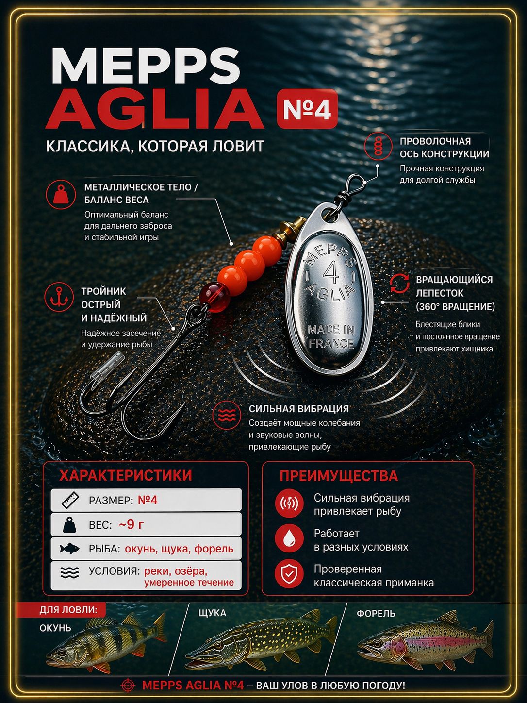 Блесна вращающаяся для рыбалки Mepps AGLIA №4 на щуку, окуня, форель