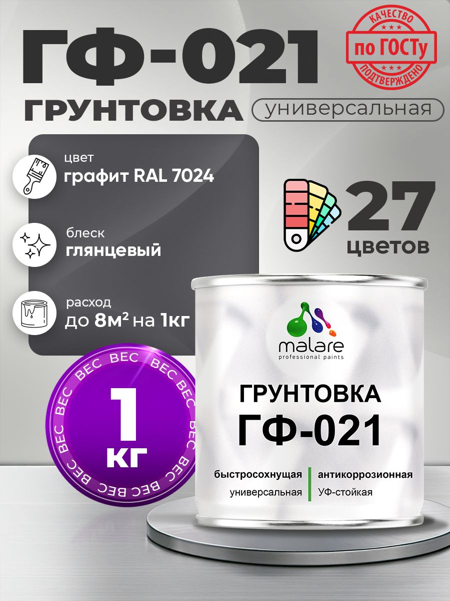 Грунтовка Malare ГФ-021 для металла, минеральных поверхностей для внутренних и наружных работ, антикоррозионная быстросохнущая RAL 7024, графитово-серый(темный), глянцевая, 1 кг.