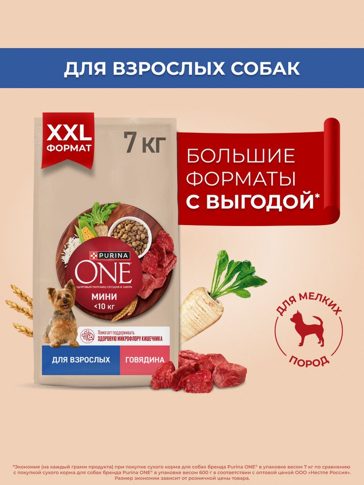 Сухой корм для собак PURINA ONE МИНИ для мелких и карликовых пород, с говядиной и рисом, 7 кг