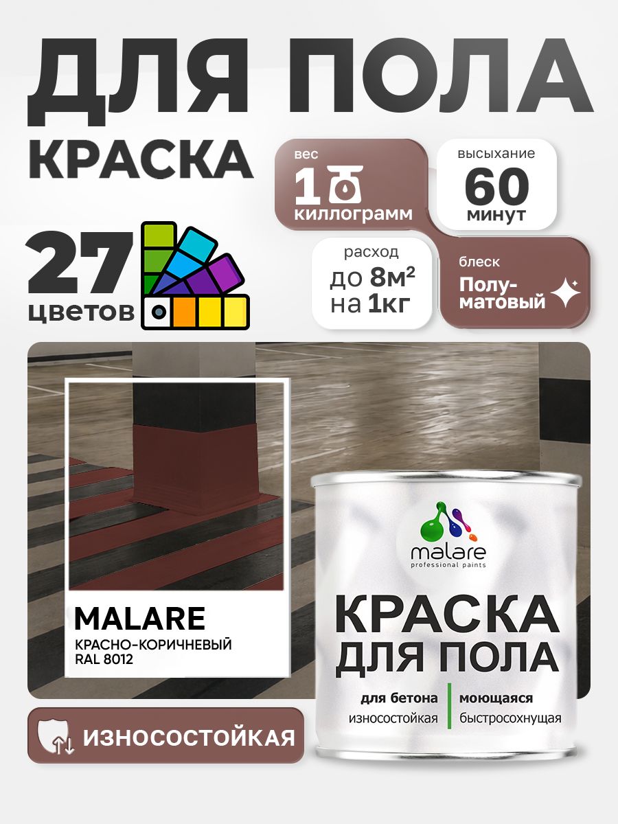 Краска для пола Malare акрил-уретановая эмаль для бетонных полов/ износостойкая, быстросохнущая моющаяся, полуматовая RAL 8012 красно-коричневый, 1 кг