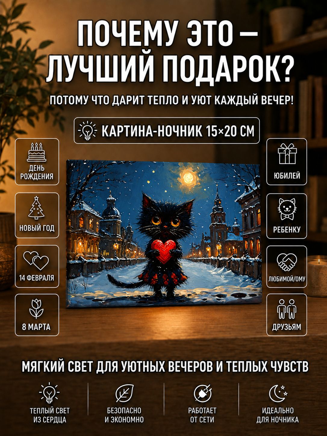Котик с сердечком в зимней ночи