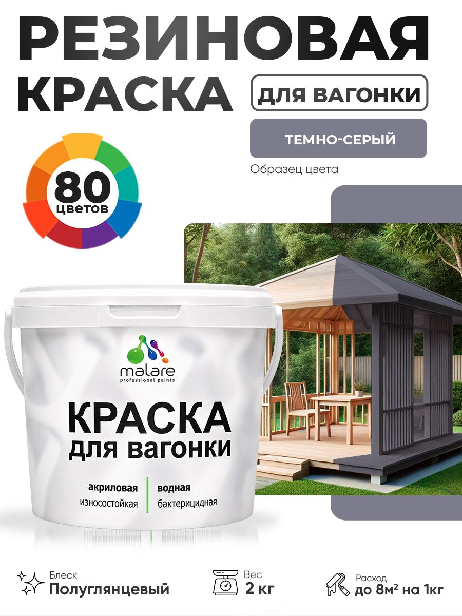 Резиновая краска для вагонки Malare для дерева, для фасадов и интерьера с антисептическим эффектом, быстросохнущая, без запаха, полуглянцевая, темно-серый, 2 кг