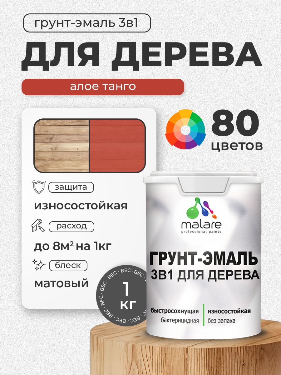 Акриловая Грунт-Эмаль 3 в 1 Malare для деревянных поверхностей с антисептическим эффектом, быстросохнущая, моющаяся без запаха матовая, алое танго, 1 кг